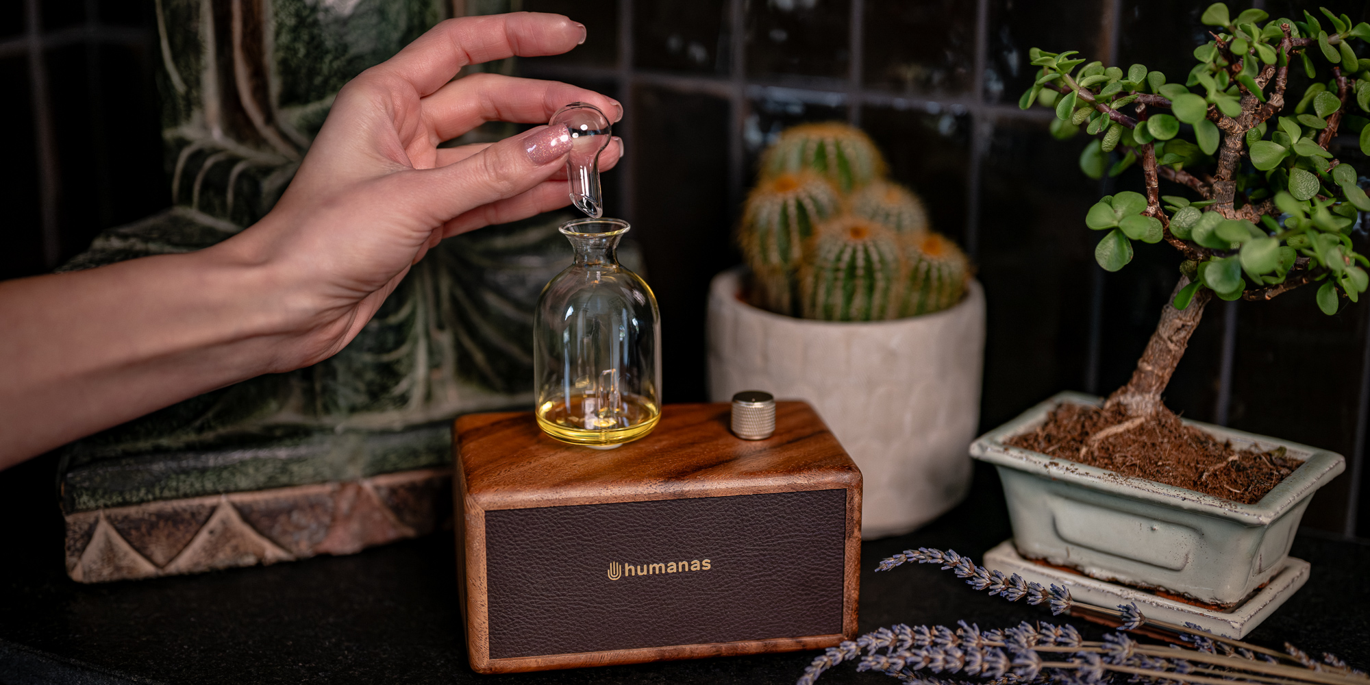 width=100% Dyfuzor olejków, aromatyzer zapachowy Humanas Natural Wood - drewno orzecha włoskiego